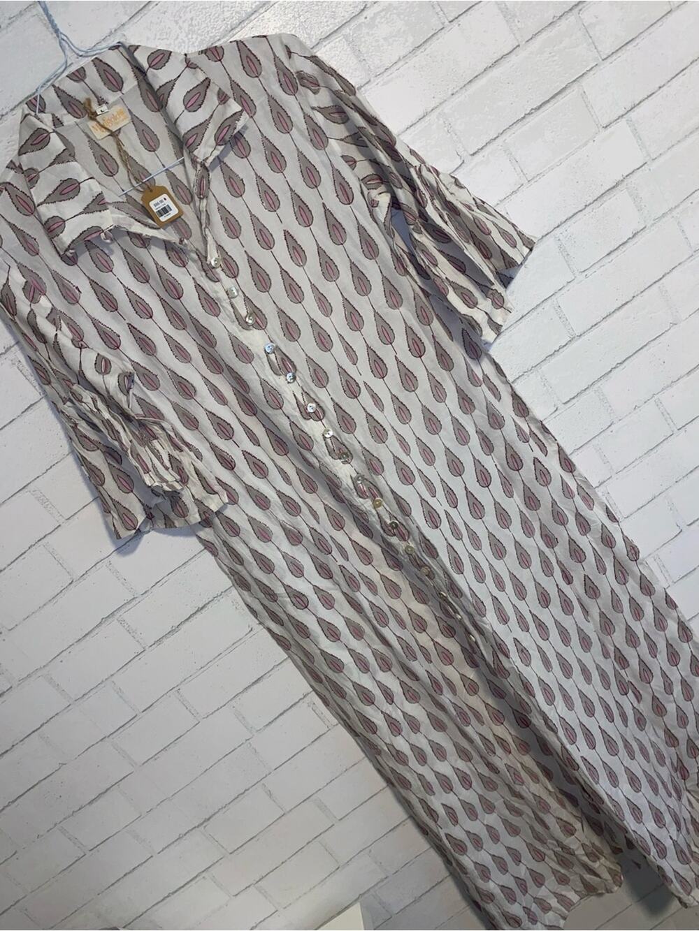 New! Marigold $95 Block Print Cotton Button Front Ruffle Sleeve Maxi Dress LG
